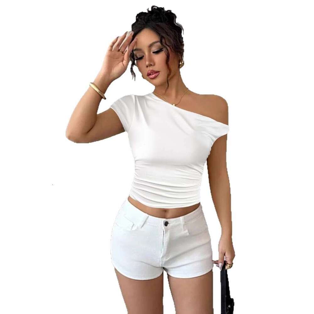 Summer New Style Asymmetrical Neck Sexy Sale Slimming Ruched Crop Top Hot Girl Women's Clothing