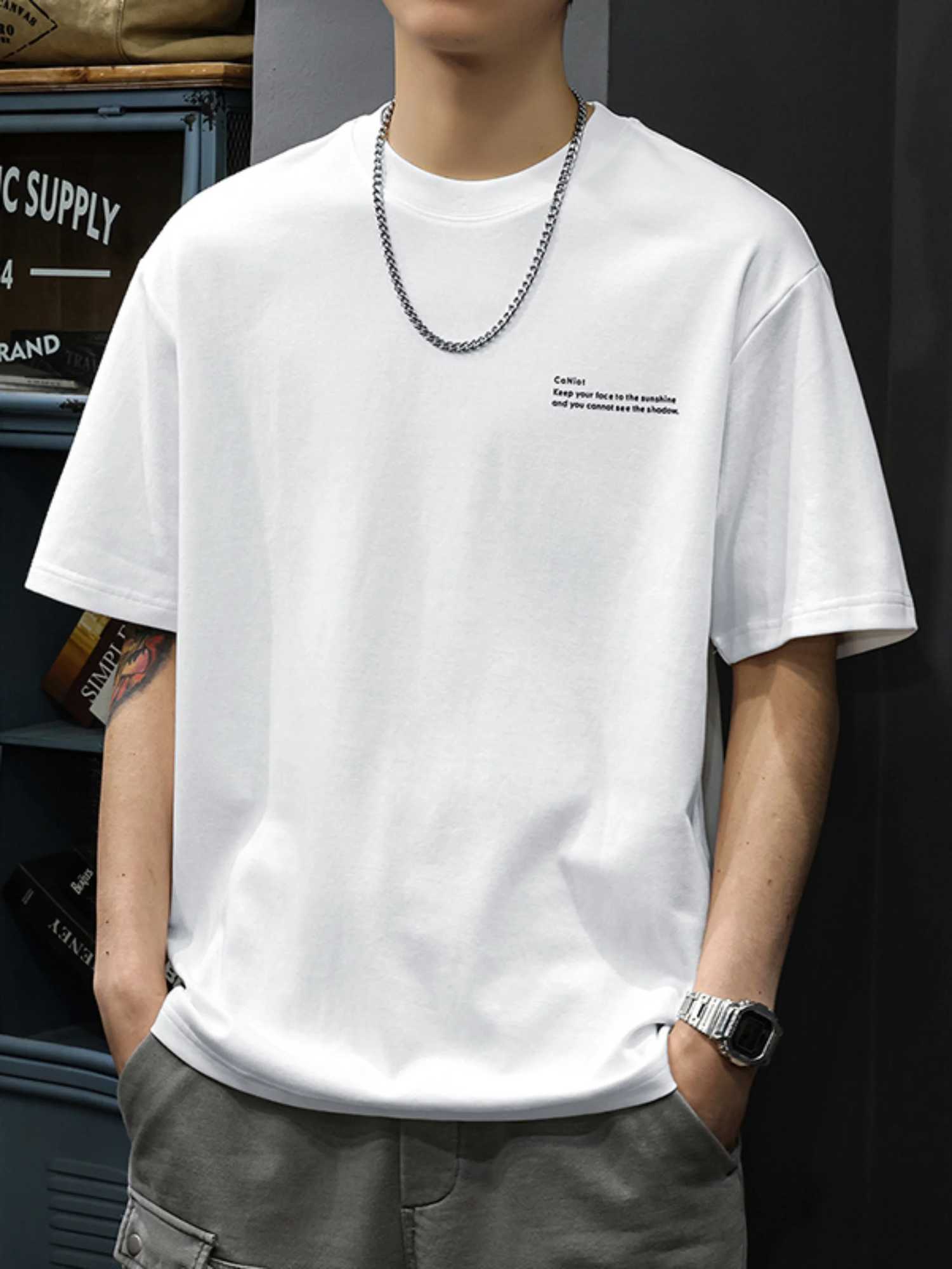 Mens 100% pure cotton summer loose size simple letter printed casual and comfortable round neck short sleeved T-shirt top Y250819