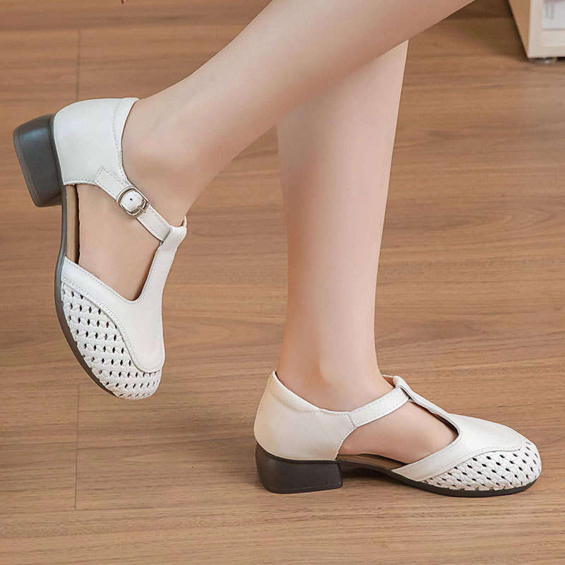 4.0cm French Hollow Woven Mid-Heel Sandals Women, Genuine Leather, Casual Lazy Mules for Moms