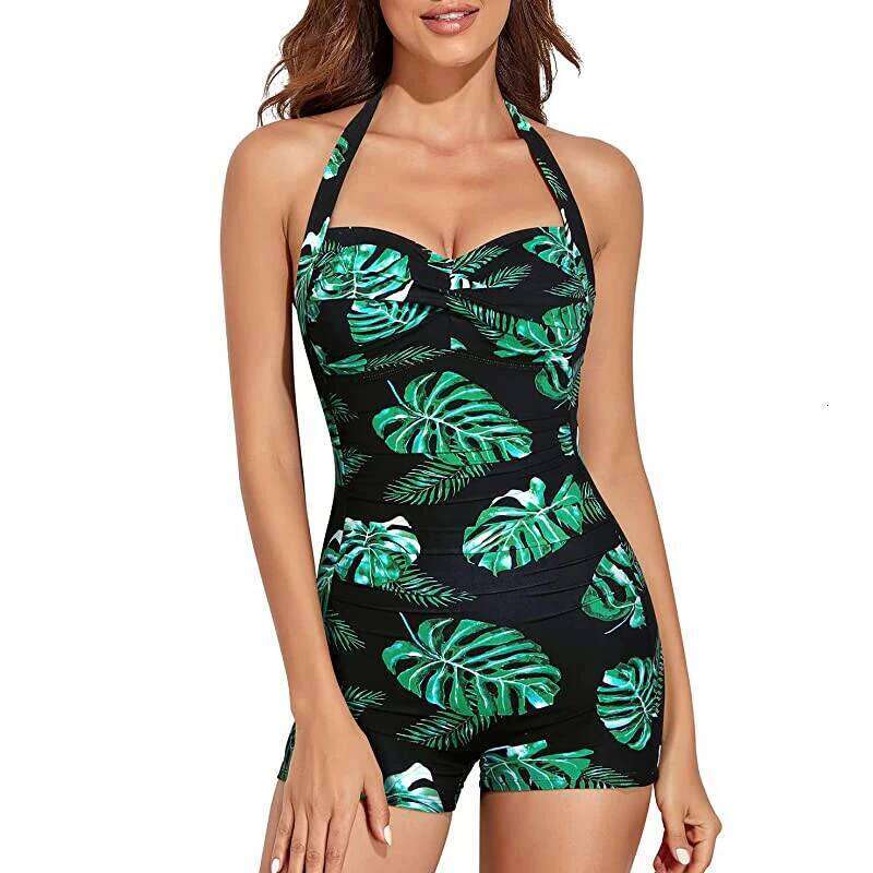 Halter Women's One Piece Tummy Control Swimwear 2024 New Push Up Boyleg Ruched Swimsuit Solid Retro Beachwear Bathing Suit XXL
