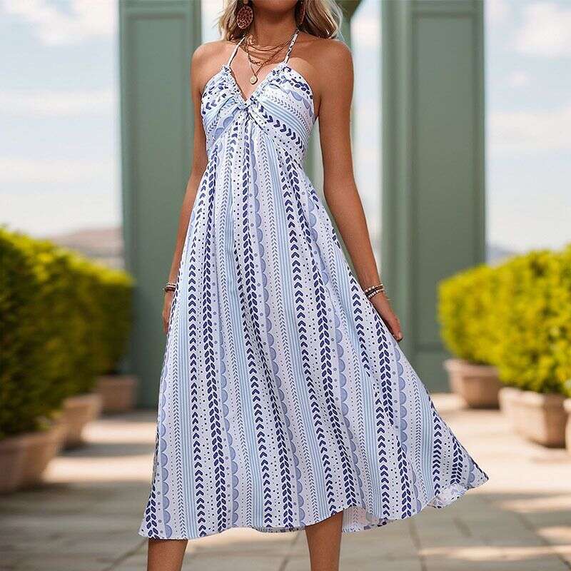Dresses Beach Vacation Summer Backless Women's V-Neck Strap Slimming Printed Dress