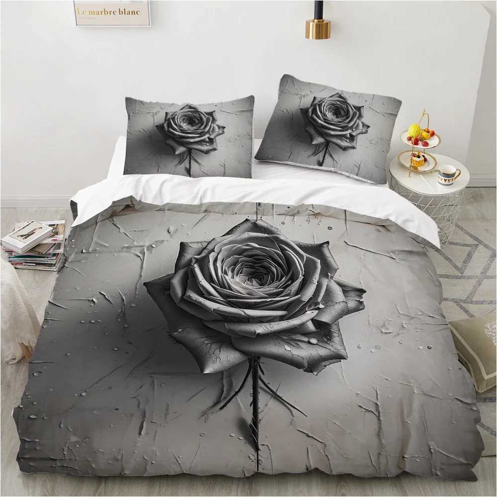 3pcs Black Grey Rose 3D Printed Bedding Set Soft Washable Duvet Cover Set King Queen Twin Size Birthday Gift Bedroom Decoration Y250819