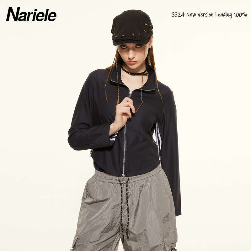 Heyhenry Stretch Chiffon Fabric American Style Trendy Brand Double Zipper Design Short Slim Stand Collar Jacket For Women B5