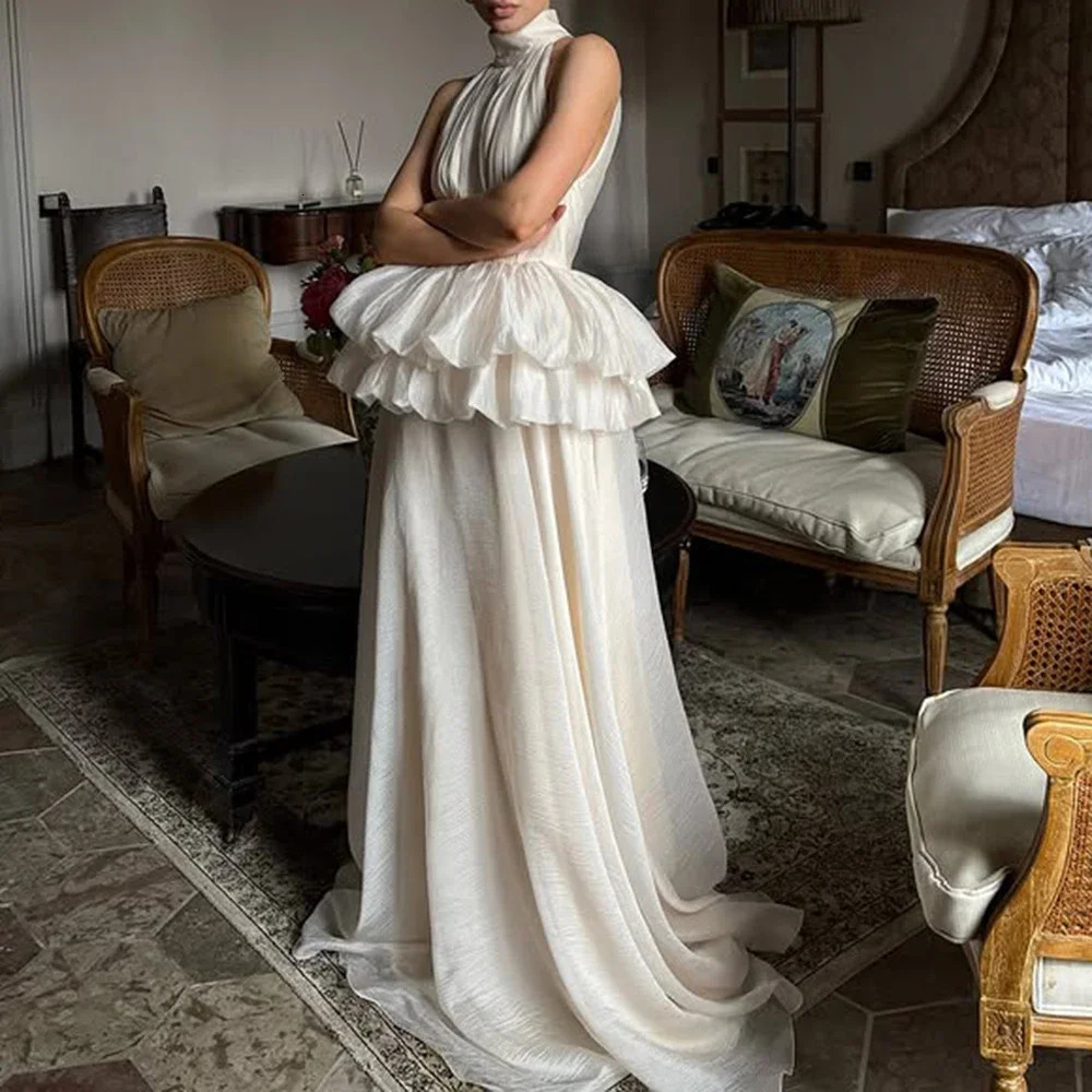 VGH Solid Evening Spliced Ruffles Maxi Dresses for Women High Neck Sleeveless Tunic Temperament Ceremony Dress Female Clothing 250815