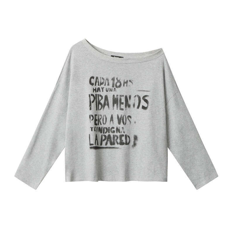 Heyhenry Hot Girl Style Asymmetrical Neck Design Letter Print Long Sleeve Top Women Loose Versatile T-Shirt B5