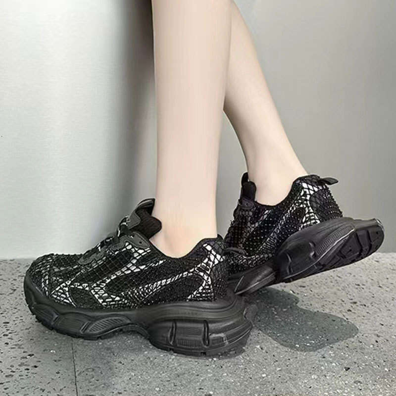 2025 Summer New Fashion Show Style Fishnet Rhinestone Couple Dad Shoes Genuine Leather Color Block Casual Sneakers for Women