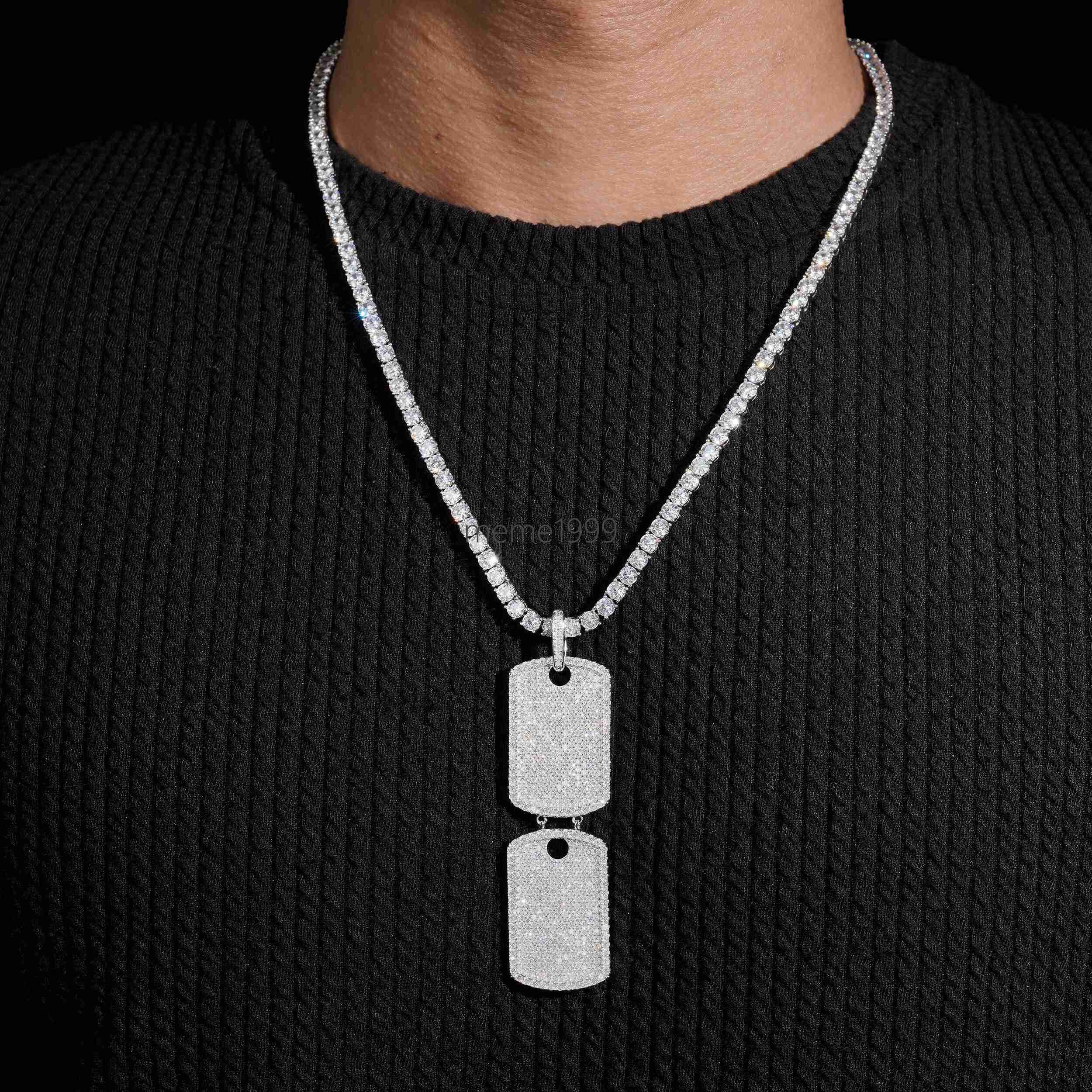 White Gold VVS Moissanite Diamond Double Dog Tag Pendant Match 4MM Tennis Chain Necklace
