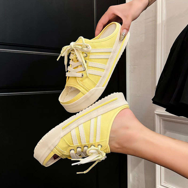 2025 Summer New Thick-Soled Half Slippers for Women, Fashionable and Versatile Outdoor Wear, Height-Increasing Canvas Casual Internet Celebrity Sandal