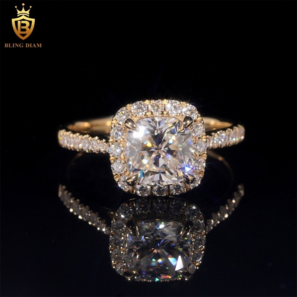 Custom Cushion Lab Diamonds Luxury 14K Real Gold VVS Moissanite Diamonds Wedding/Engagement Rings for Women