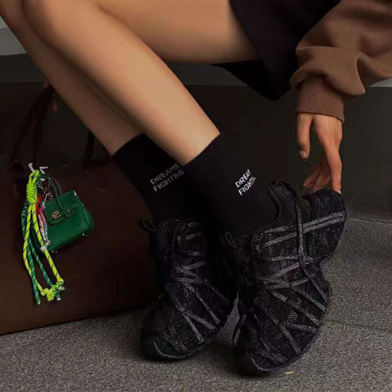 Paris Starry Sky Rhinestone Thick-Soled Dad for Women 3XL Lace-Up Style Ancora Red New Casual Trendy Breathable Shoes