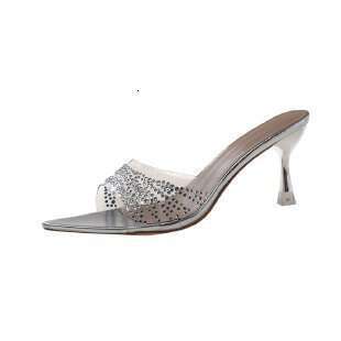 Transparent Rhinestone Stiletto Sandals 2025 Plus Size 35-42 Spring Summer New Solid Color Square Designer Toe High Heel Slippers for Women