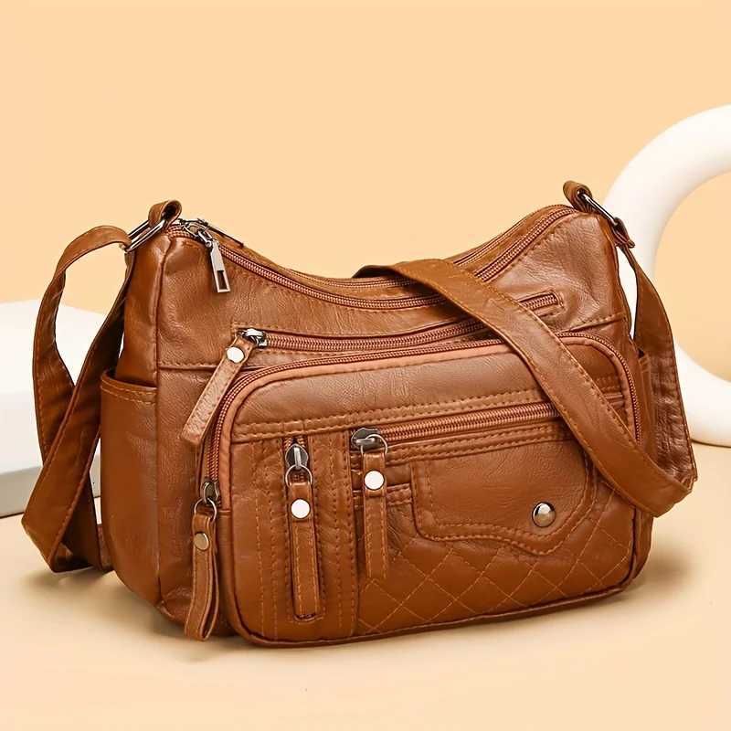 Ladies Bag Fashion Multi Zip Crossbody Multi Pocket Stitching Soft Vegan Leather Shoulder Bag Multi Pocket Handbag Purse Y250819