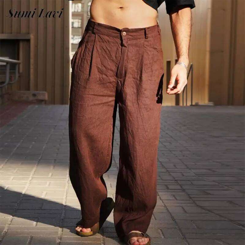2024 Fall Leisure Straight Mens Casual Loose Solid Color Cotton Pants Men Vintage Mid Waist Linen Trousers