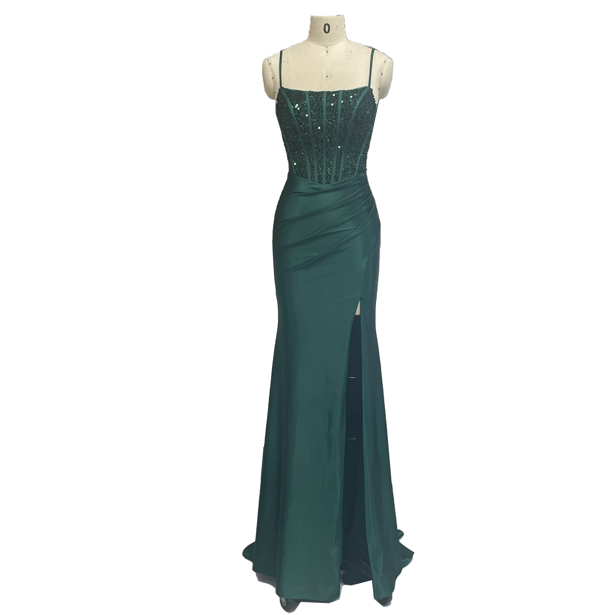 Emerald Green Sequin - Embellished Spaghetti Strap Mermaid Evening Gown with High Slit