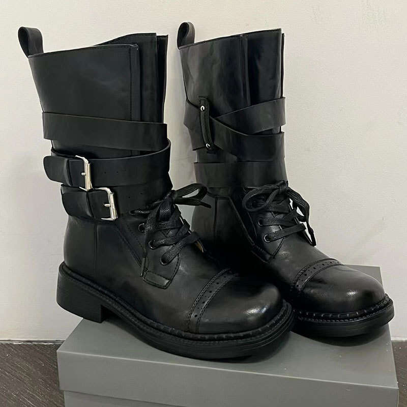 2025 New British Style Lace-up Belt Buckle Chunky Heel Martin Women Fashion Mid-calf Versatile Brown Short Boots