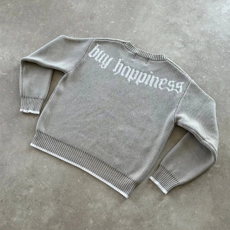 Y2K Grey Long Sleeve Sweater Dollar Gothic Embroidery Pullover Goth Retro Casual Streetwear Old Money Men Boxy Knitted Clothing 250820