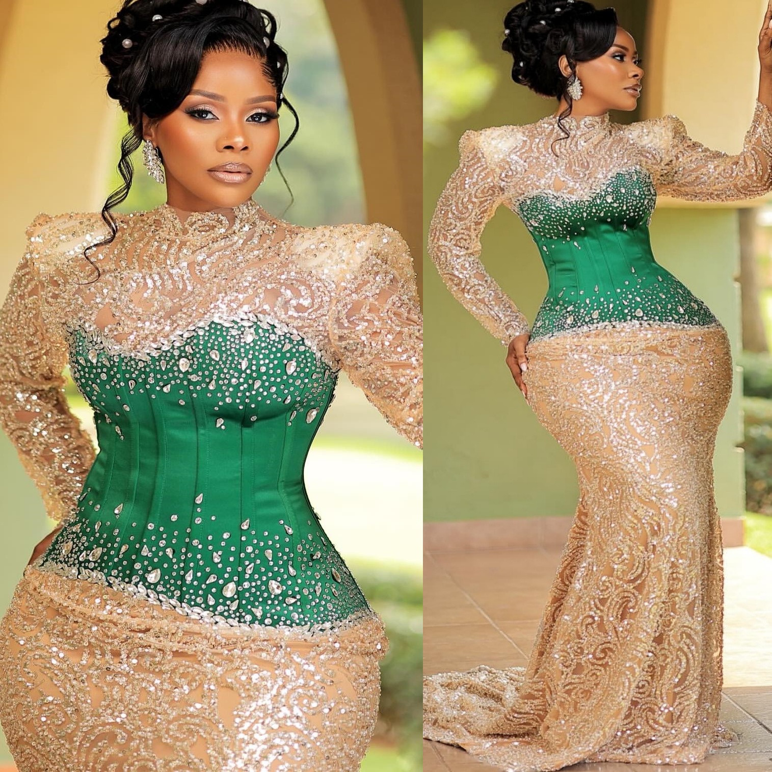 Gold Mermaid Prom Dresses 2025 Illusion Beaded Crystals Full Sleeves Evening Formal Party Second Birthday Engagement Gowns Plus Size Dress For Special