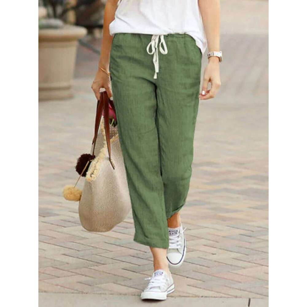 Elegant Solid Slimple Pant Fashion Women Drawstring Cropped Elastic Waist Straight Pants Casual Office Lady Communte Trousers