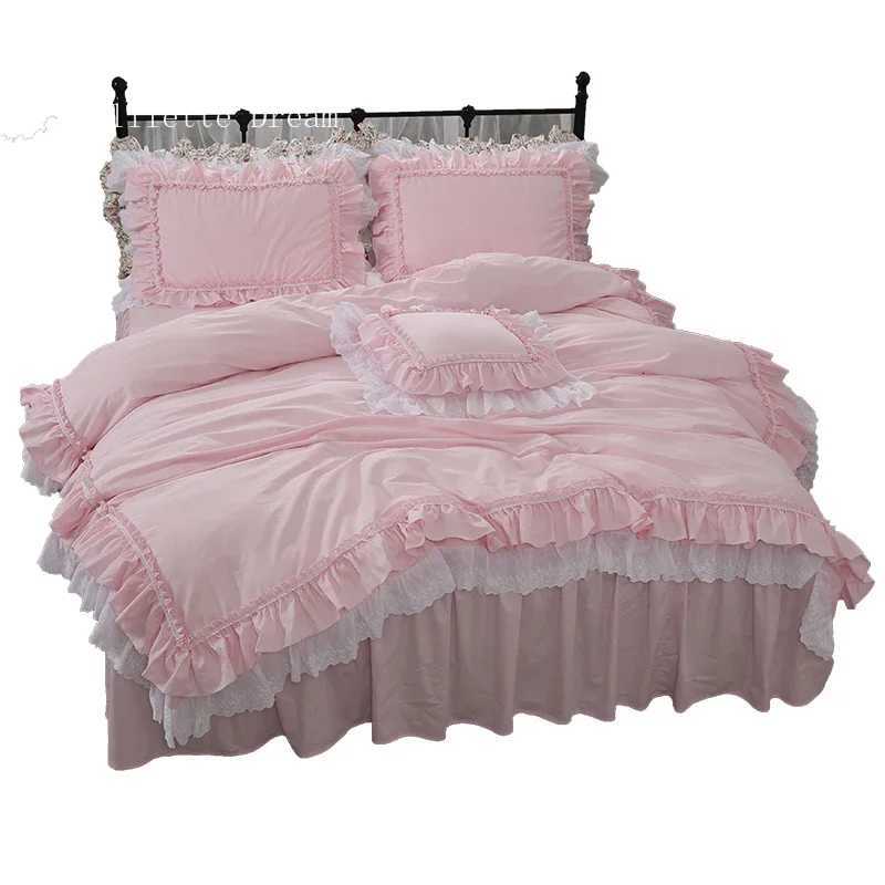 Pink Luxury Bedding Set Super Sweet Princess Bedding Ruffle Duvet Cover Set Wedding Decorative Bedding Bed Sheet Cover Linen Y250819