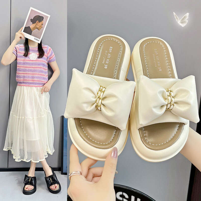 Thick-Soled Slippers for Women Summer Outdoor 2023 New Fashion Internet Celebrity Bow Fairy Style Mid-Heel Platform One-Strap Sandals