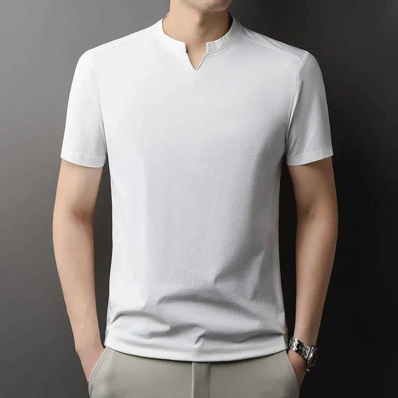 Korean Mens Casual and Fashionable Small V-neck Solid Color Short Sleeved T-shirt Comfortable Summer Versatile Top Y250819