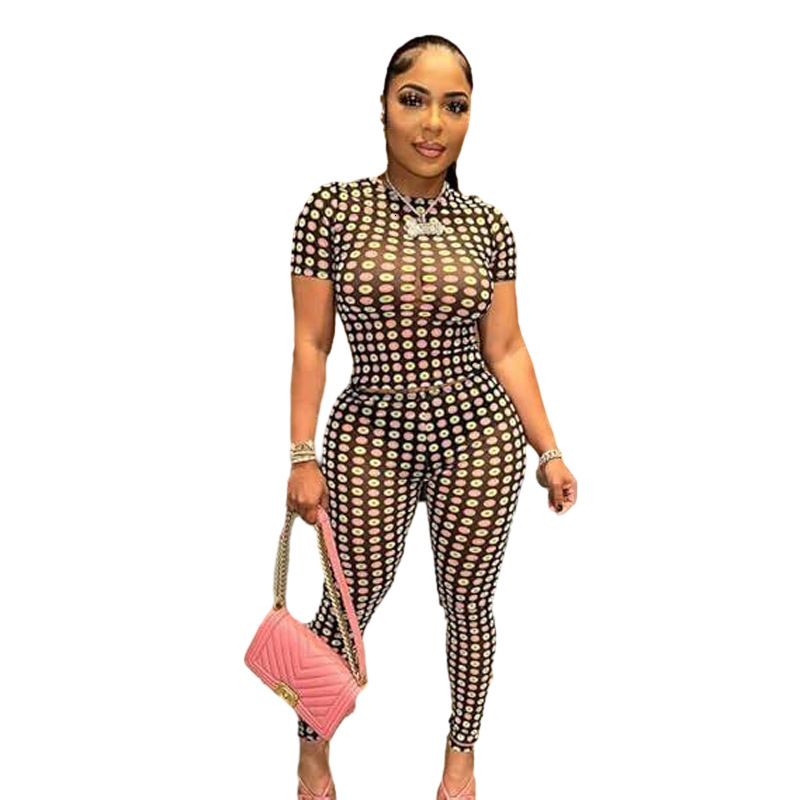 D9776 Womens Fashion Colorful Polka Dot Mesh Printed Short Sleeve Long Pants Two-Piece Set