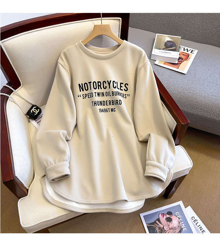 Brushed Fleece Sweatshirt for Women, Autumn and Winter New Mid-Length Style, Paired Shark Pants, Top with German Velvet Long Sleeve T-Shirt, Base Shir