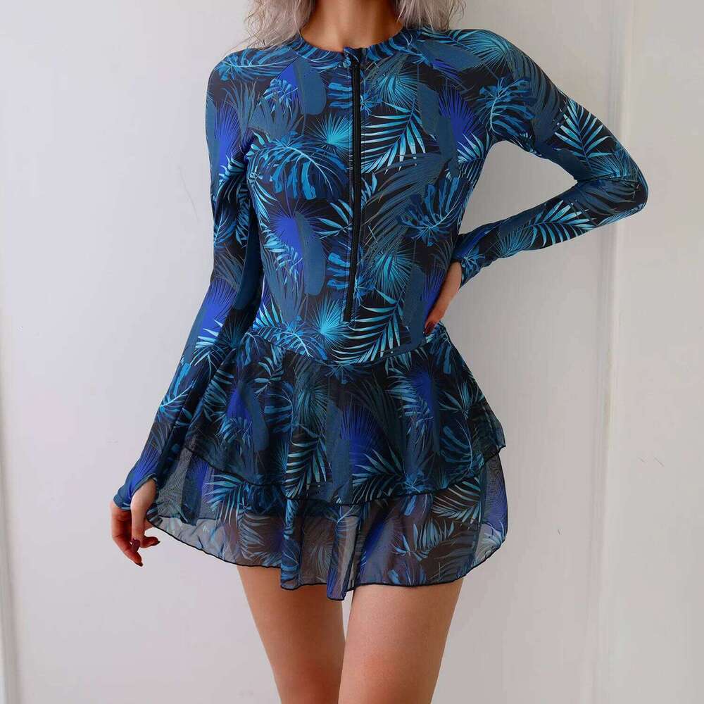 Vintage Blue Leaves Print One Piece Swimsuit Women Front Zip Long Sleeve Skirt Swimwear Holiday Bathing Diving Suit Large Size