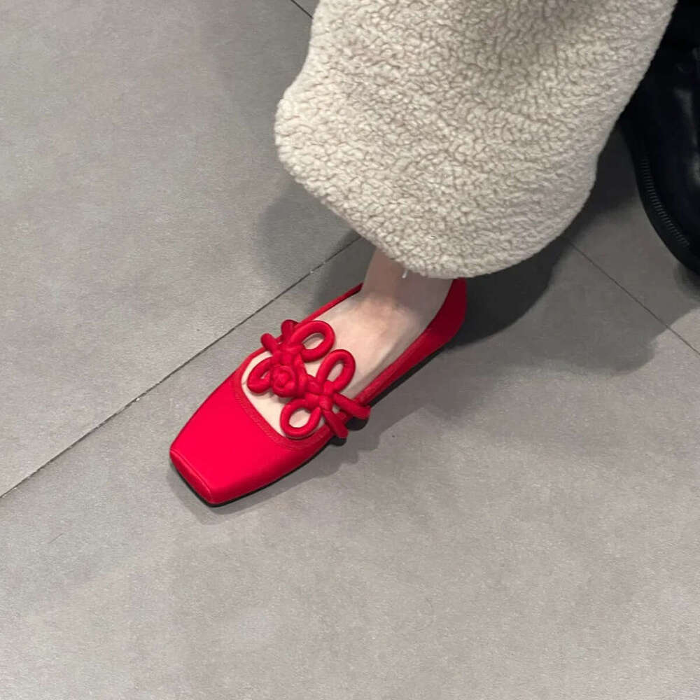 Sheepskin Version ~ Square Toe Little Red New Style Chinese Knot Flat Single Women Shallow Mouth Ballet Mary Jane Shoes