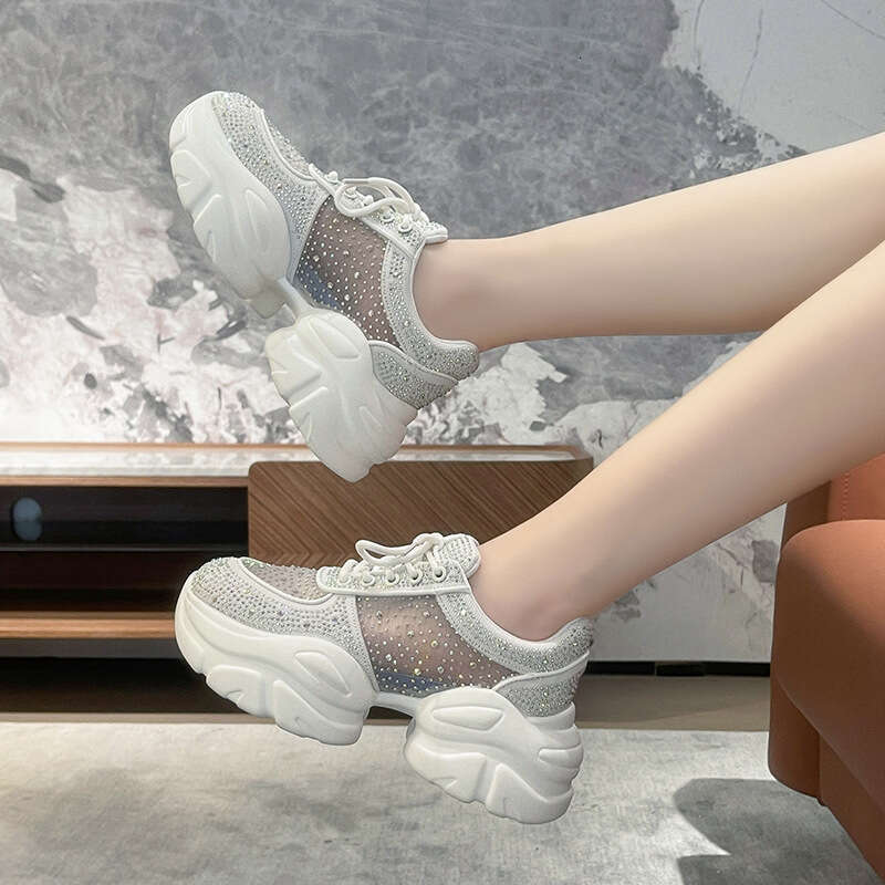 2023 Summer Breathable Thin Women's Trendy Mesh Round Toe Rhinestone Platform Thick Sole Casual Sports Dad Shoes for Women