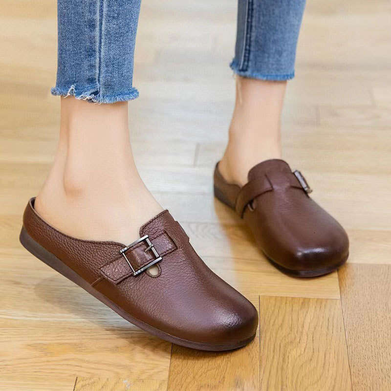 Cowhide Closed-Toe Soft Sole Half Slippers Women 2025 Summer New Versatile Genuine Leather Flat Sandals for Outdoor Wear