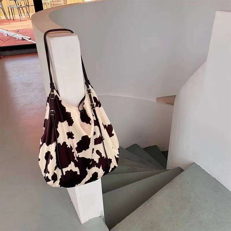 Leopard Print Cow Pattern Silk Satin Shoulder Bag,Versatile Stylish Lazy Tote Bag,Niche Designer Large Capacity Shopping Bag