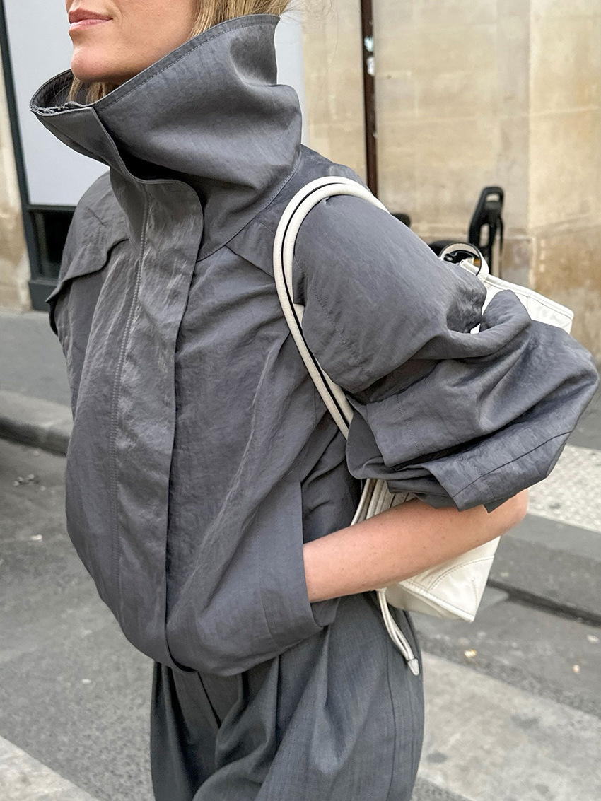 Autumn and winter new American gray high neck trench coat women's outdoor top standing collar submachine jacket 2025