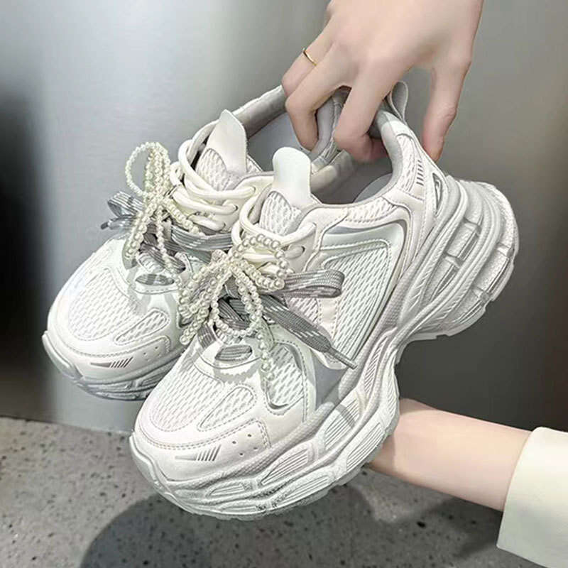 2025 Summer Autumn New Pearl Double Lace Genuine Leather 6CM Dad Shoes for Women Breathable Thick Sole Casual Sneakers