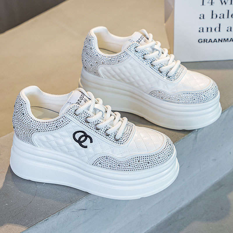 New Spring and Autumn Sneakers 7CM Height Increase Thick Sole Long-Leg Effect Versatile Women's Genuine Leather Rhinestone Internet Celebrity Whi