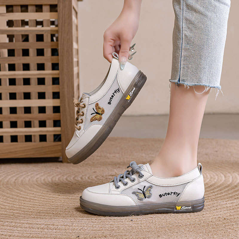 2025 Spring and Autumn New Mesh for Women, Casual Leather Soft Sole Flat Shoes, Butterfly Slip-On Sneakers, Large Size Women's Shoes