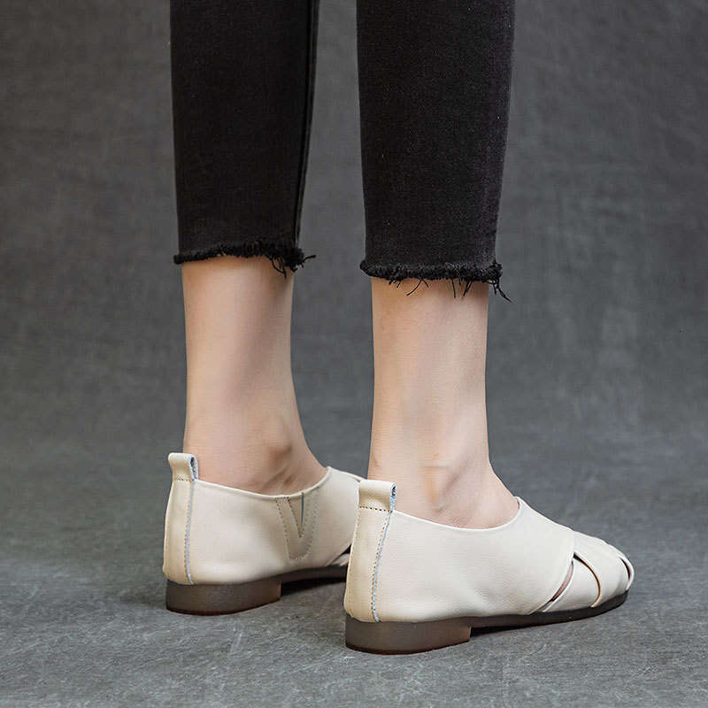 Top Layer Cowhide Heel Roman Sandals New Flat Sole Soft Surface Hollow Artistic Style Simple Handmade Women's Shoes
