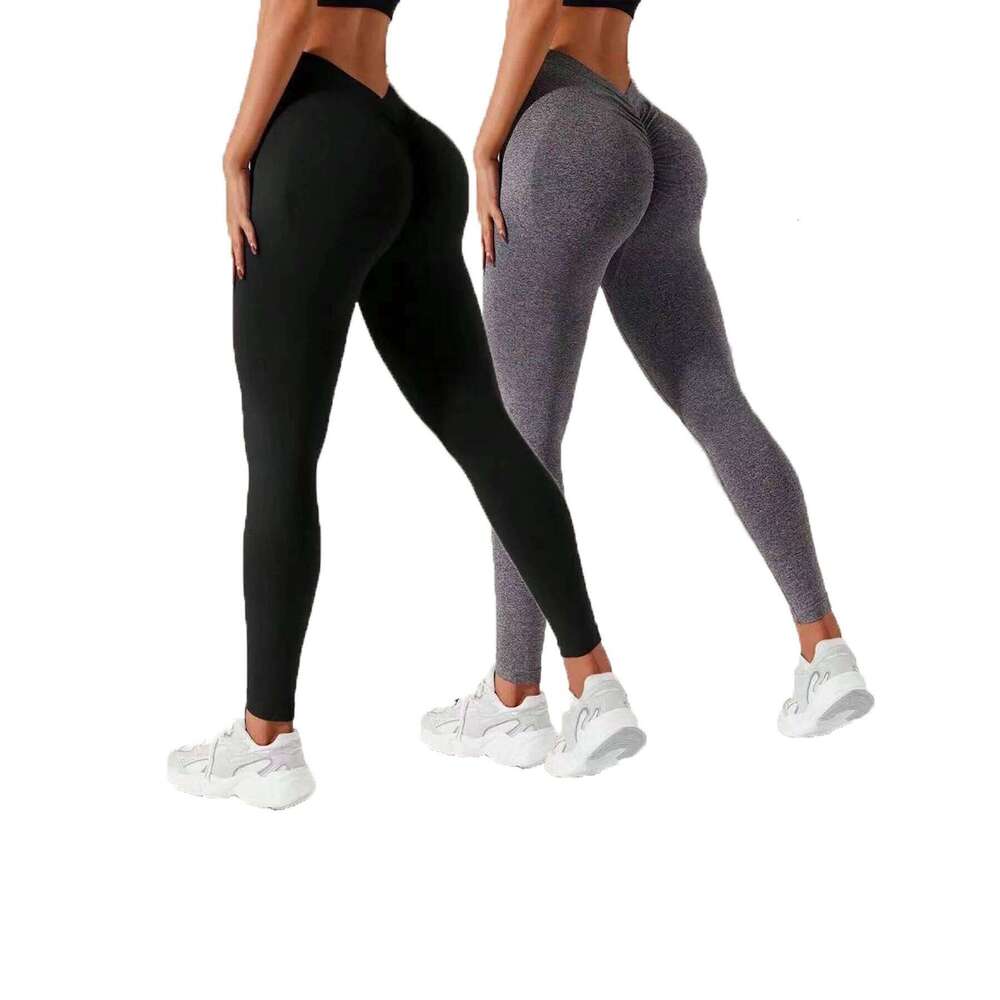 2-piece set of V-shaped butt lifting solid color trousers, yoga fiess and daily wear