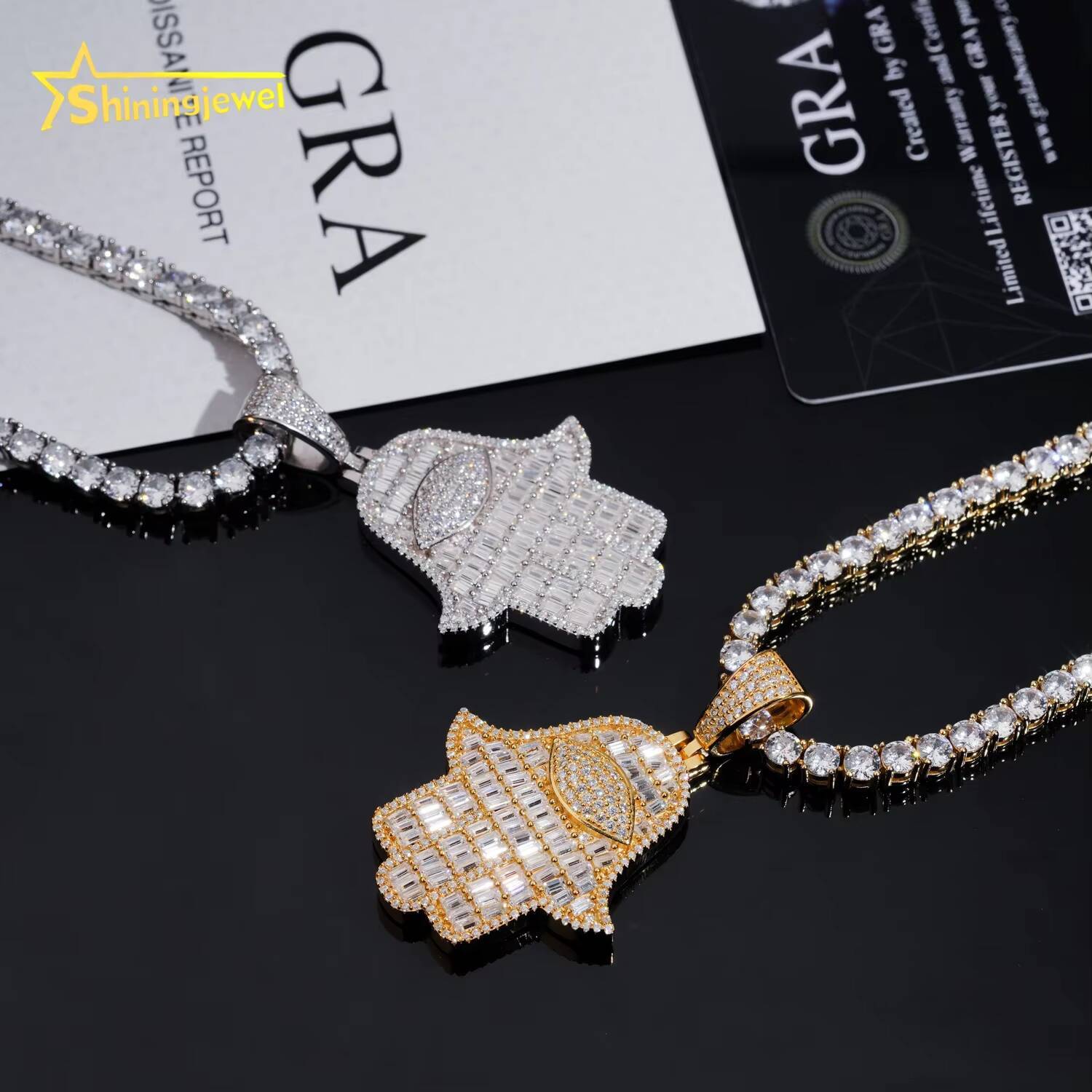 Iced Out Fine Jewelry 925 Sterling Silver VVS Baguette Moissanite Hamsa Pendant Custom Moissanite Pendant GRA Certificated