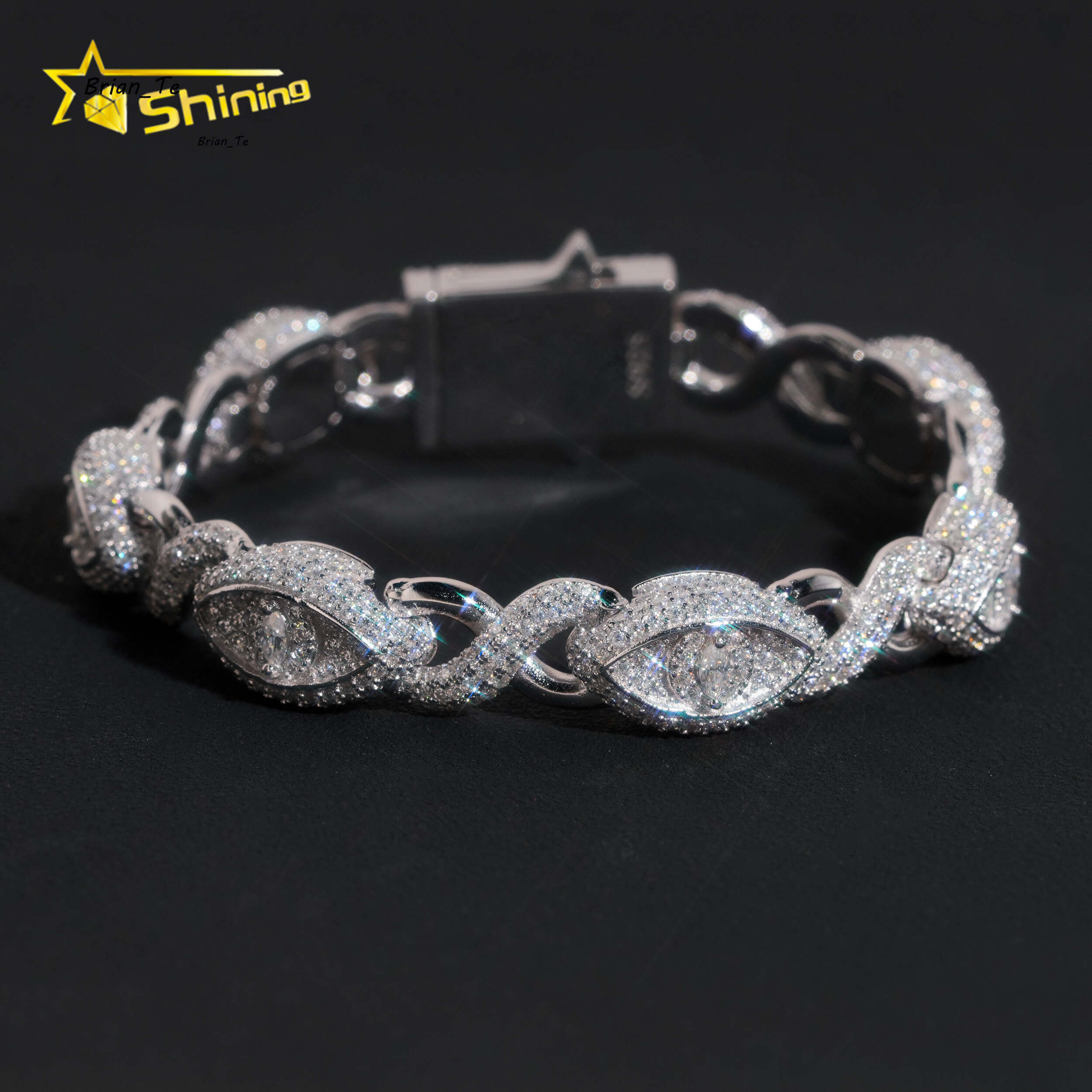 Real 925 Sterling Silver Gold Plated Hip Hop VVS Lab Diamond Moissanite Infinity Cat Eye Cuban Link Chain Bracelet
