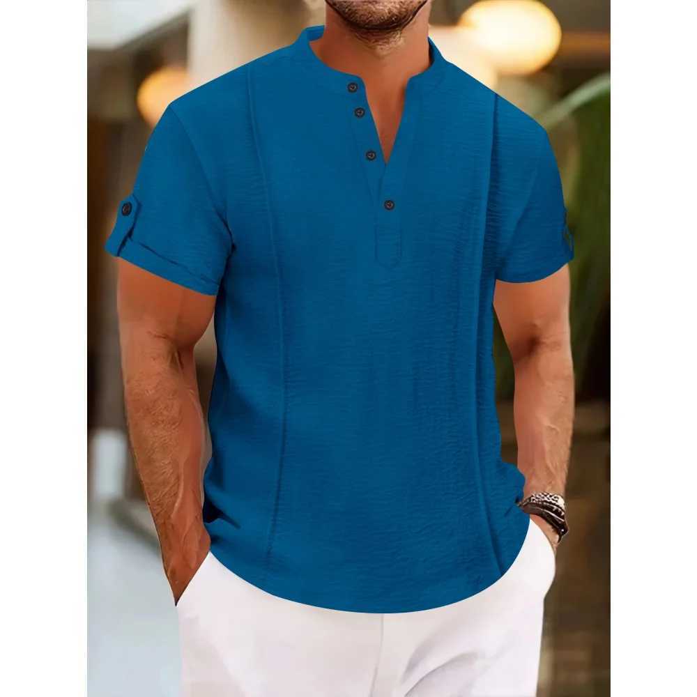 Mens summer new style standing collar short-sLeeved Shirts double button front casual outdoor beach wind solid color Tops Y250819