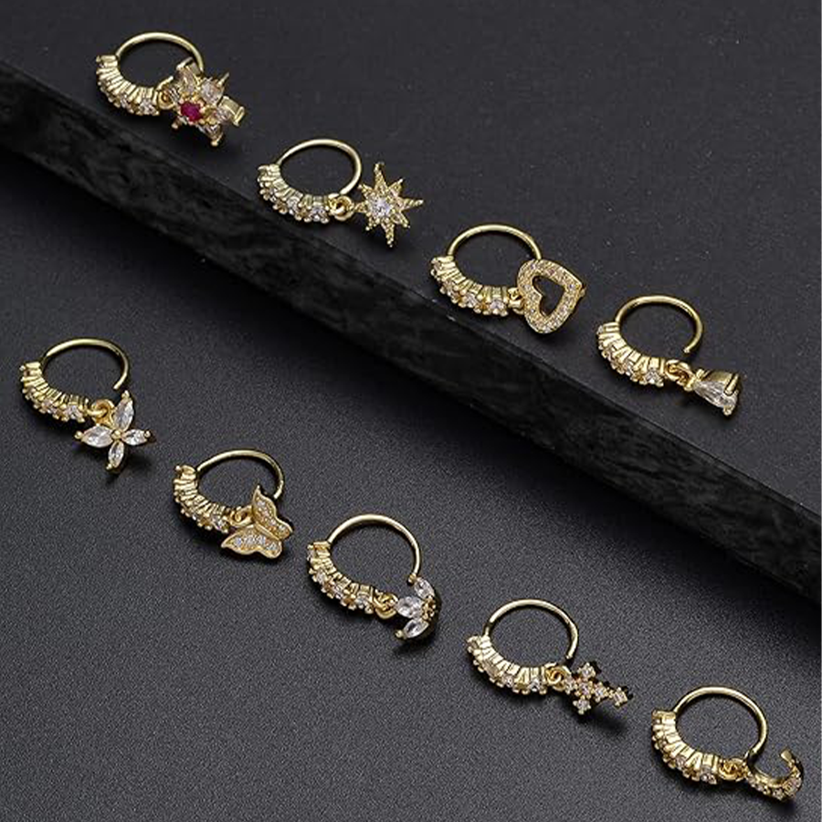 10Pcs Dangle Nose Rings Hoop Butterfly Heart Moon Flower Star CZ Cartilage Earring Dangling Nose Body Piercing Jewelry 20G Gold Tone
