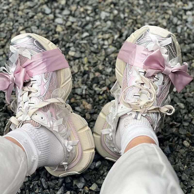 2025 Summer New Lace Bow 3XXL Half Slippers for Women Thick Sole Lace-up Casual Versatile Dad Shoes