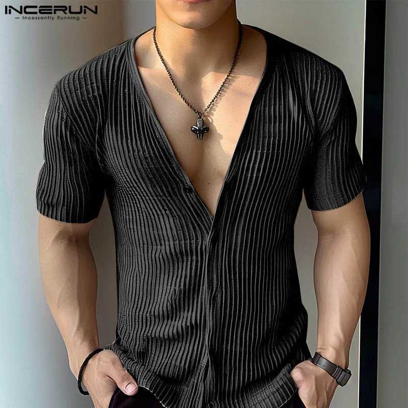 Tops 2024 American Style Fashion New Men Deep V-neck Textured Striped Shirts Casual Streetwear Male Short SLeeved Blouse Y250819