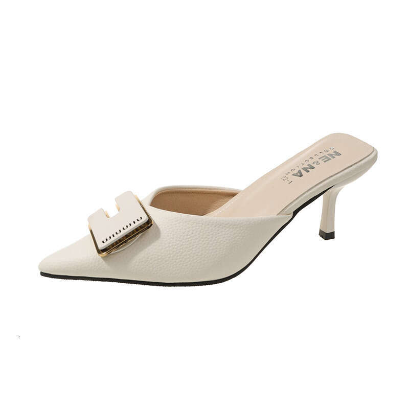 Sandals 2023 New Spring Fashion Square Buckle Outdoor Wear Mid Thin Heel Pointed Closed Toe Half Slippers Women's Single Shoes
