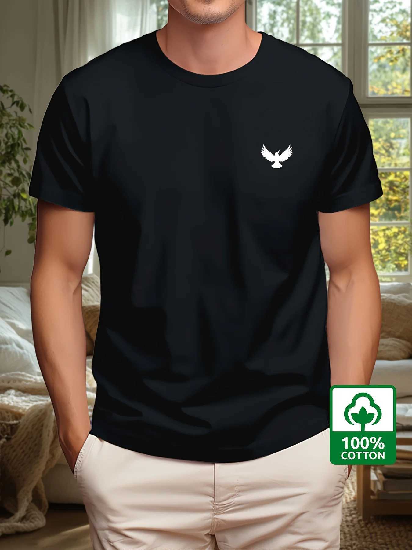 Mens Summer 100% Cotton Fashion Sports and Leisure Loose Dove and Peace Pattern Printed Round Neck Short Sleeve T-shirt Top Y250819