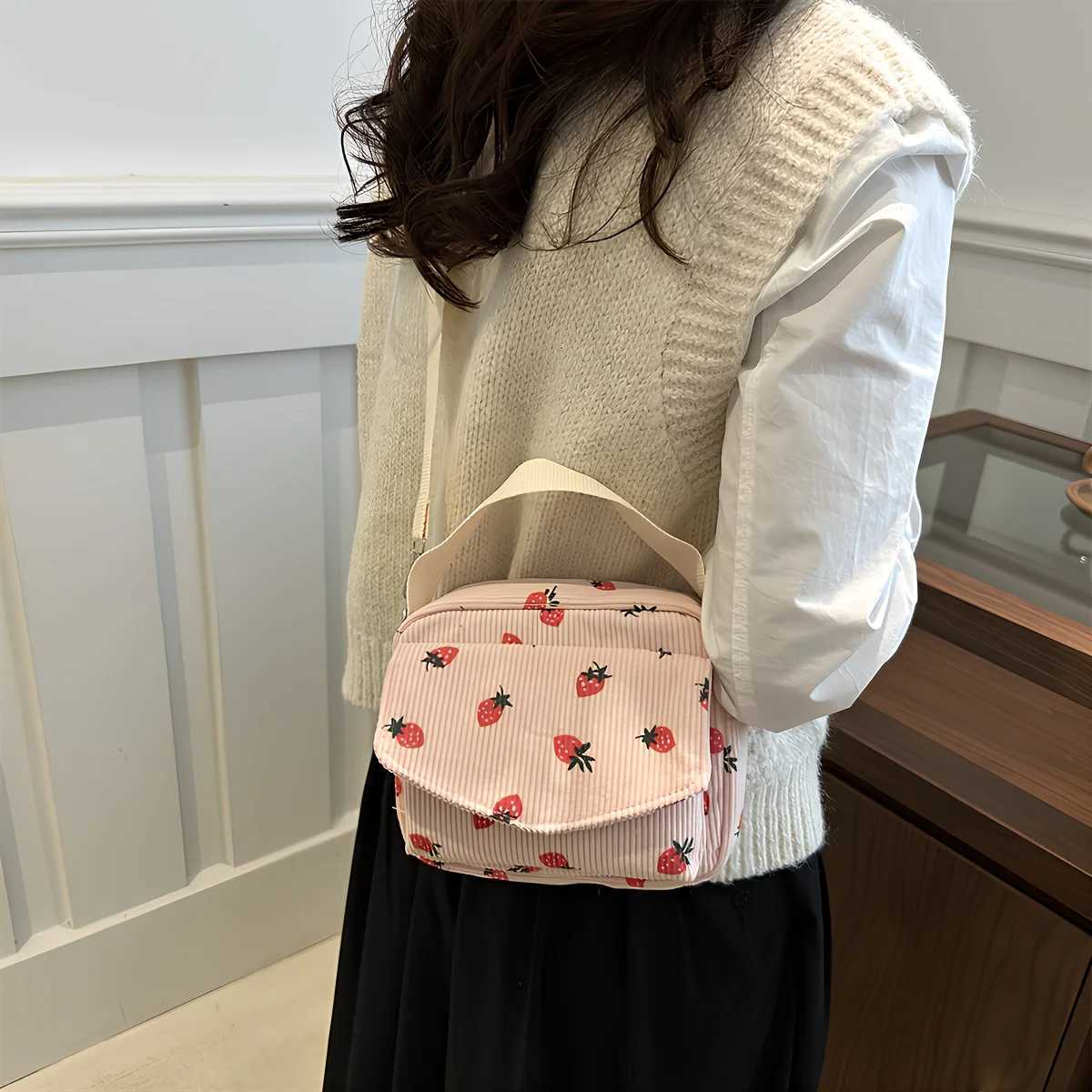 Cute Strawberry Print Corduroy Crossbody Bag Versatile Small Shoulder Purse Perfect for Daily Use Work Casual Travel Outings Y250819