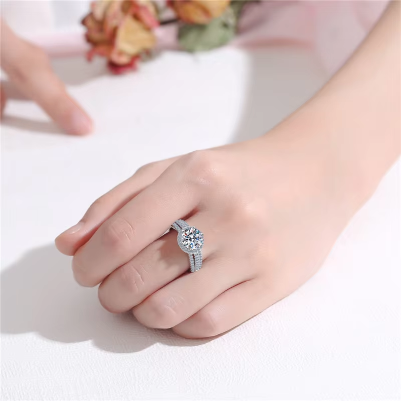 MT 925 Sterling Silver Original 3 ct Moissanite Ring for Women, Round Excellent Cut Sparkling D Color Stone Engagement Wedding Ring Jewelry with certi