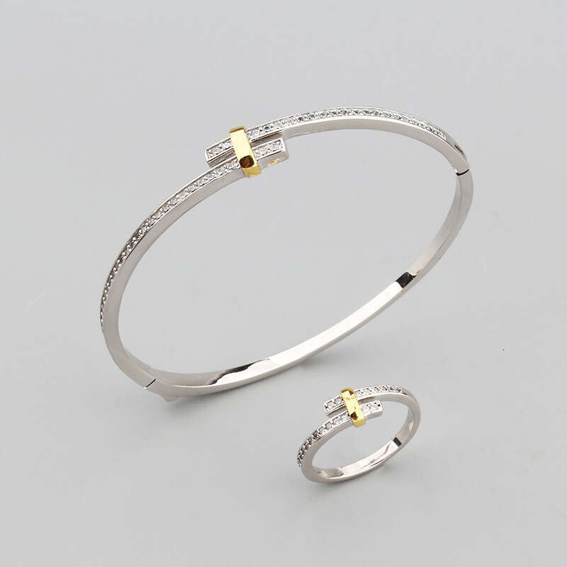 New Simple Closed Two-tone Bracelet Ring Set for Men and Women, Elegant Eco-friendly Copper Gold-plated Zircon Inlaid Jewelry