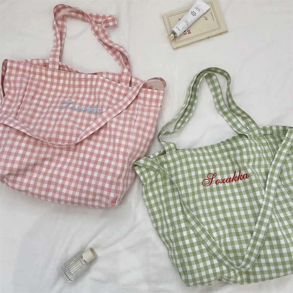 Korean Candy Plaid Lady Tote Bag Sweet Casual Women Crossbody Bag Large Capacity Printing Canvas Shouder Bag Student Handbag Y250819